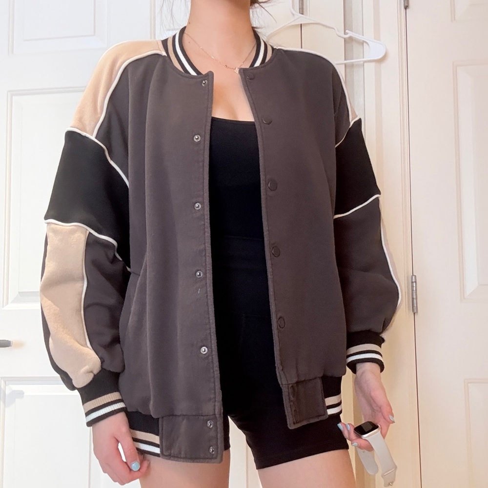 H&M Varsity Baseball Jacket Striped Dark Gray Felted (Lightly Worn)